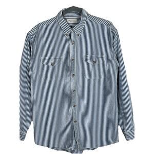 VTG Badge Denim Mens SZ XL heavy denim blue & white vertical striped long sleeve